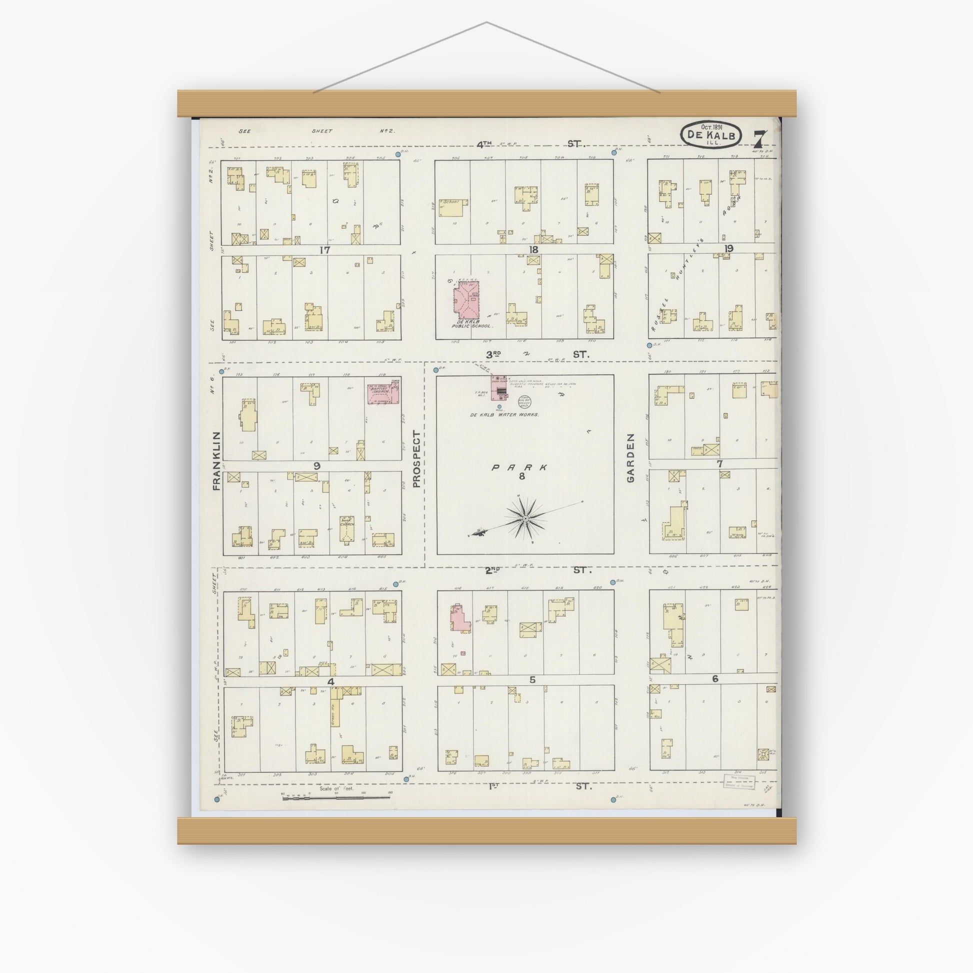 Old map wall art mockup — magnetic wood frame on white wall — Sanborn Fire Insurance Map from De Kalb, De Kalb County, Illinois (1891), Sheet #0007