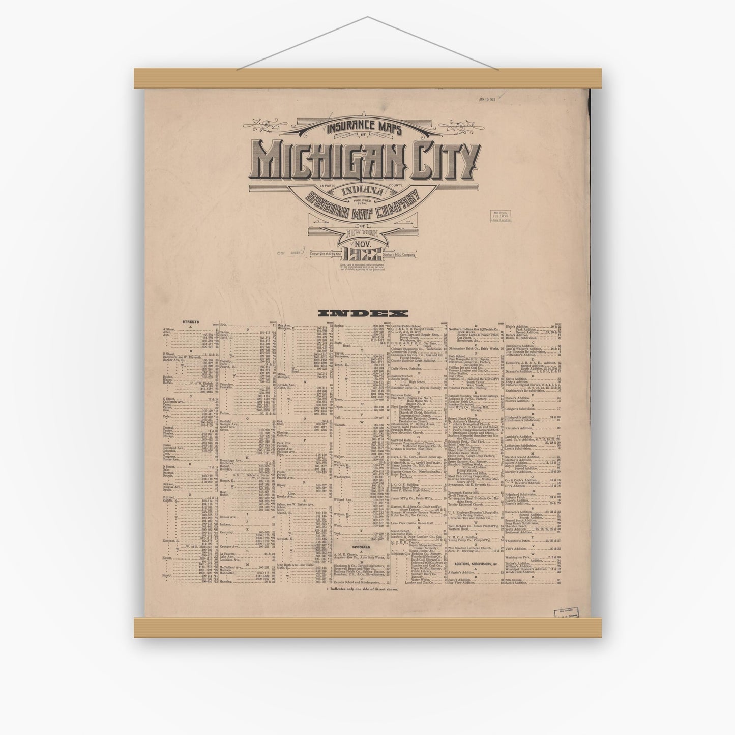 Old map wall art mockup — magnetic wood frame on white wall — Sanborn Fire Insurance Map from Michigan City, La Porte County, Indiana (1922), Sheet #0001