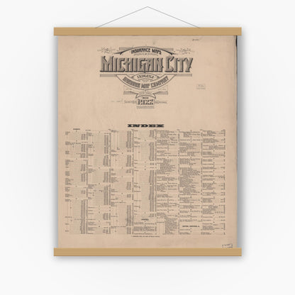 Old map wall art mockup — magnetic wood frame on white wall — Sanborn Fire Insurance Map from Michigan City, La Porte County, Indiana (1922), Sheet #0001