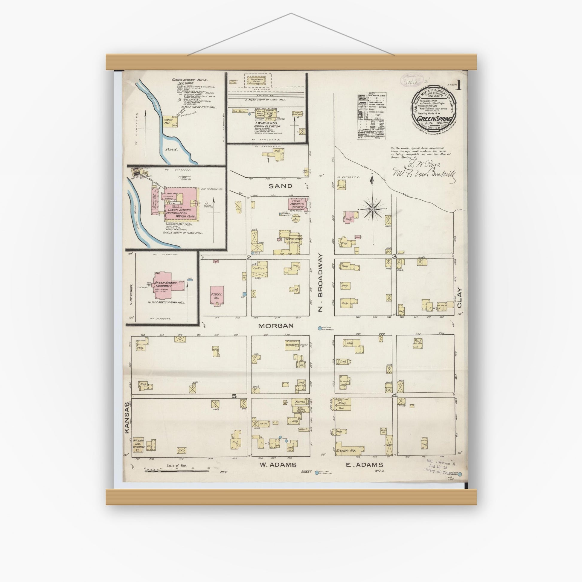 Old map wall art mockup — magnetic wood frame on white wall — Sanborn Fire Insurance Map from Green Springs, Sandusky And Seneca Counties, Ohio (1885), Sheet #0001