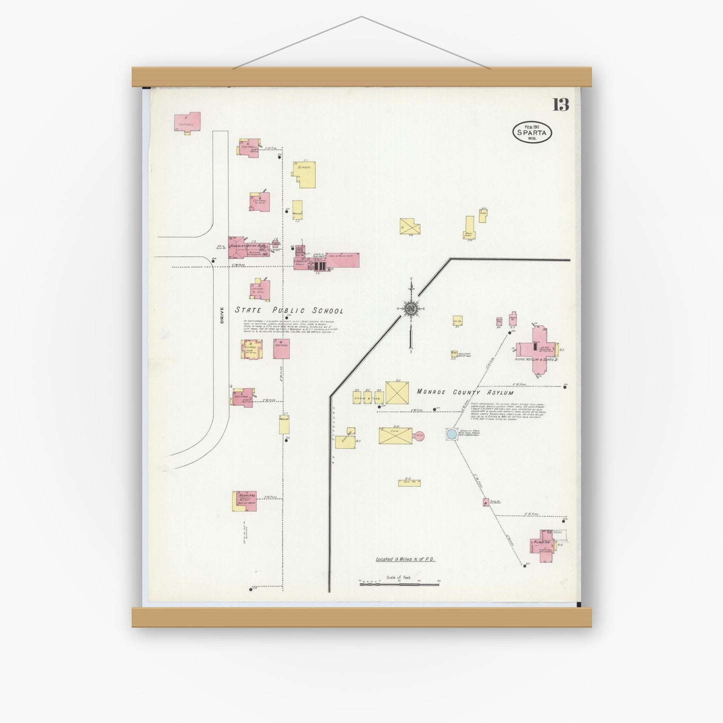 Old map wall art mockup — magnetic wood frame on white wall — Sanborn Fire Insurance Map from Sparta, Monroe County, Wisconsin (1911), Sheet #0013