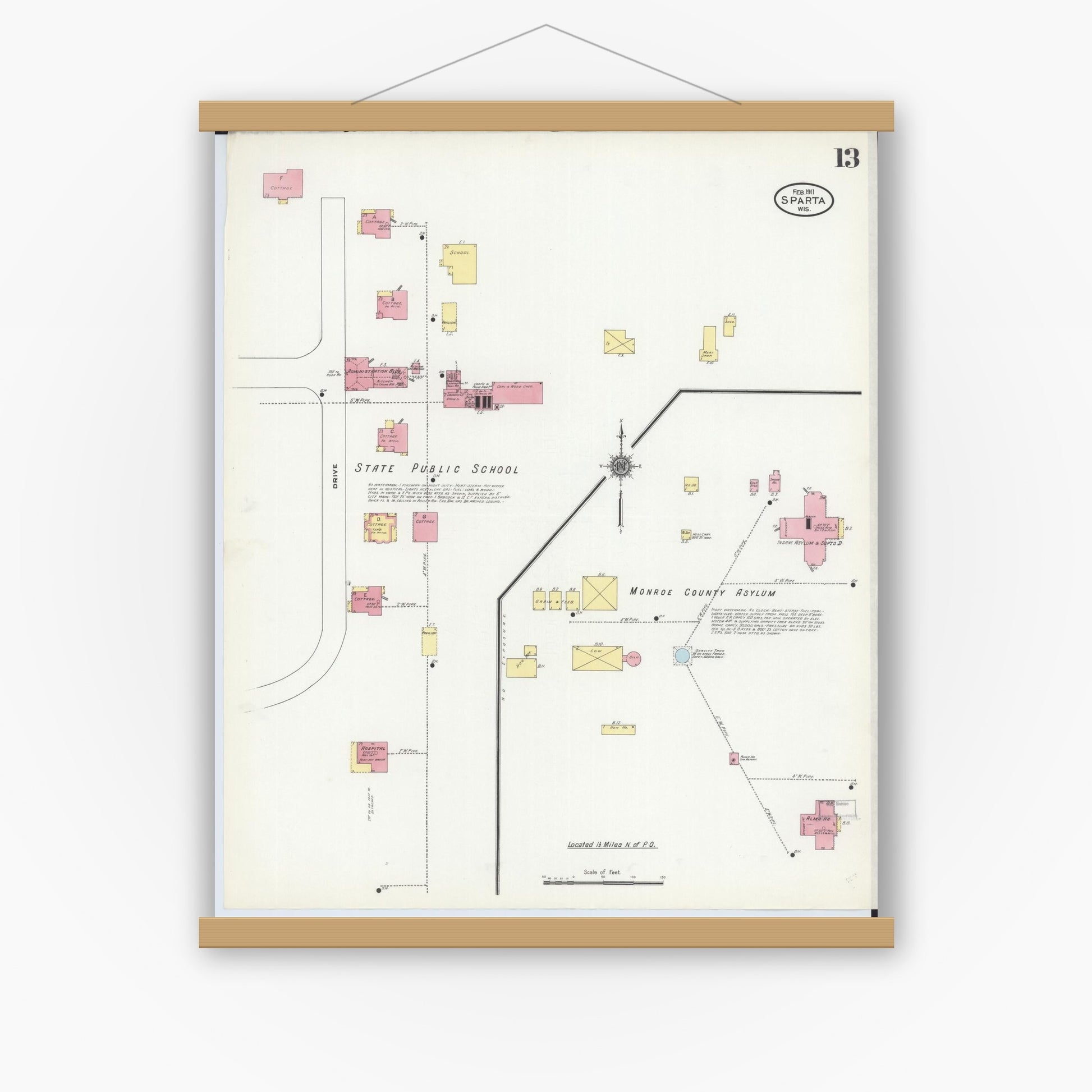 Old map wall art mockup — magnetic wood frame on white wall — Sanborn Fire Insurance Map from Sparta, Monroe County, Wisconsin (1911), Sheet #0013