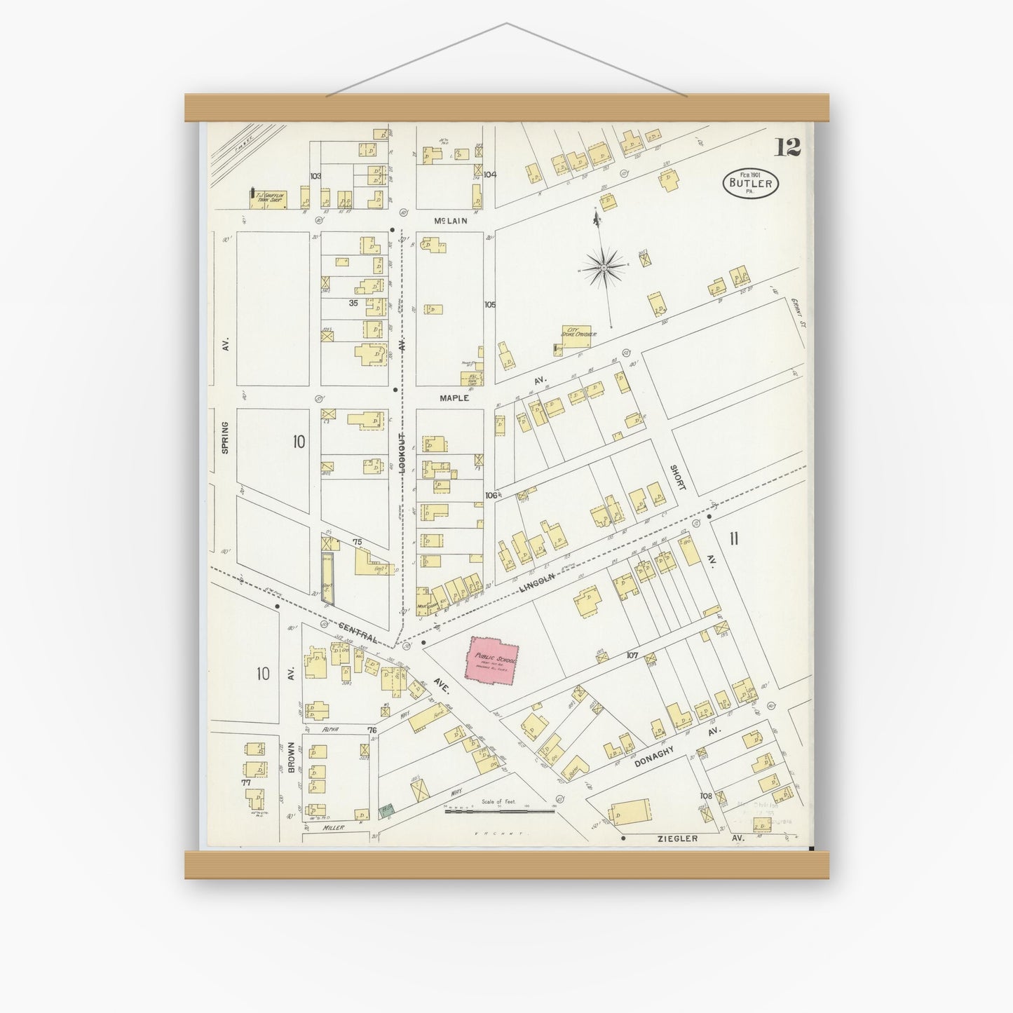 Old map wall art mockup — magnetic wood frame on white wall — Sanborn Fire Insurance Map from Butler, Butler County, Pennsylvania (1901), Sheet #0012