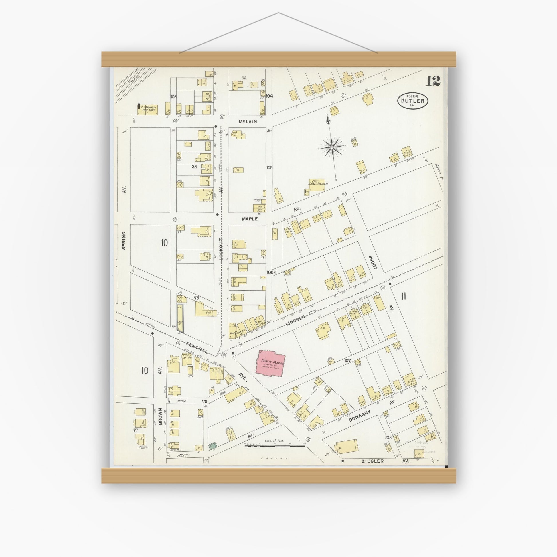 Old map wall art mockup — magnetic wood frame on white wall — Sanborn Fire Insurance Map from Butler, Butler County, Pennsylvania (1901), Sheet #0012