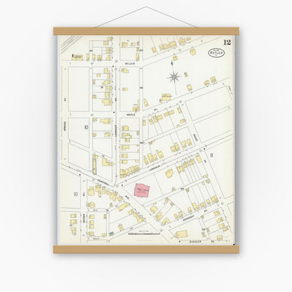 Old map wall art mockup — magnetic wood frame on white wall — Sanborn Fire Insurance Map from Butler, Butler County, Pennsylvania (1901), Sheet #0012