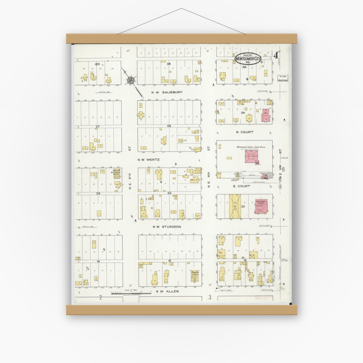 Old map wall art mockup — magnetic wood frame on white wall — Sanborn Fire Insurance Map from Montgomery City, Montgomery County, Missouri (1917), Sheet #0004