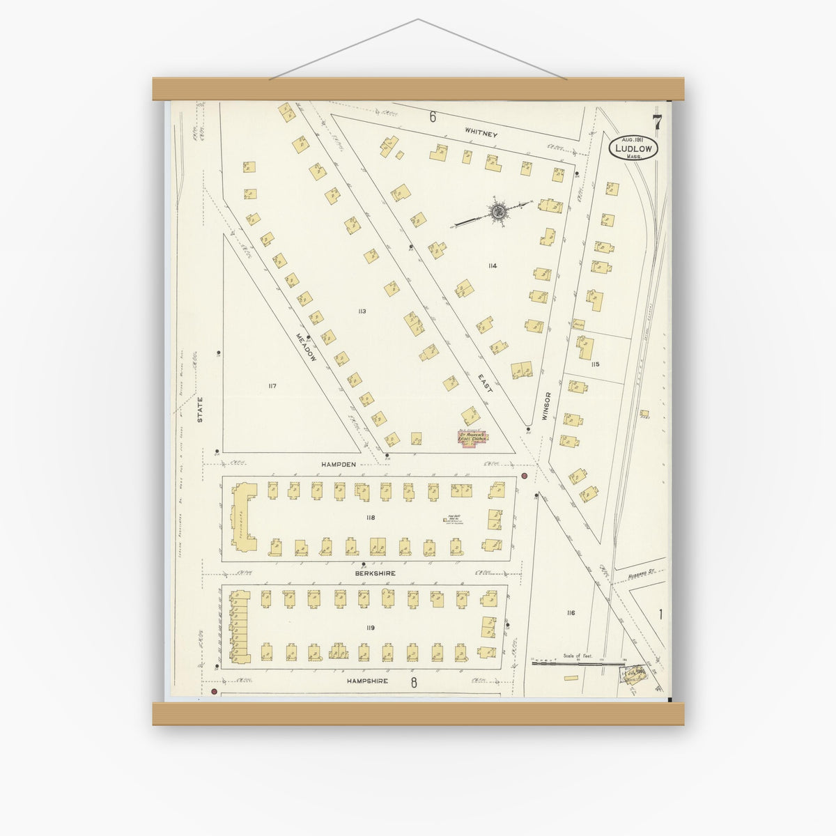 Old map wall art mockup — magnetic wood frame on white wall — Sanborn Fire Insurance Map from Ludlow, Hampden County, Massachusetts (1911), Sheet #0007