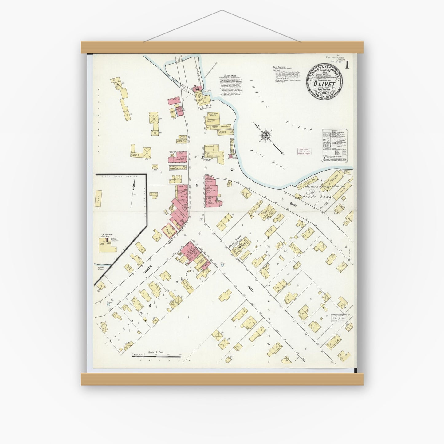 Old map wall art mockup — magnetic wood frame on white wall — Sanborn Fire Insurance Map from Olivet, Eaton County, Michigan (1911) - Complete Map Set