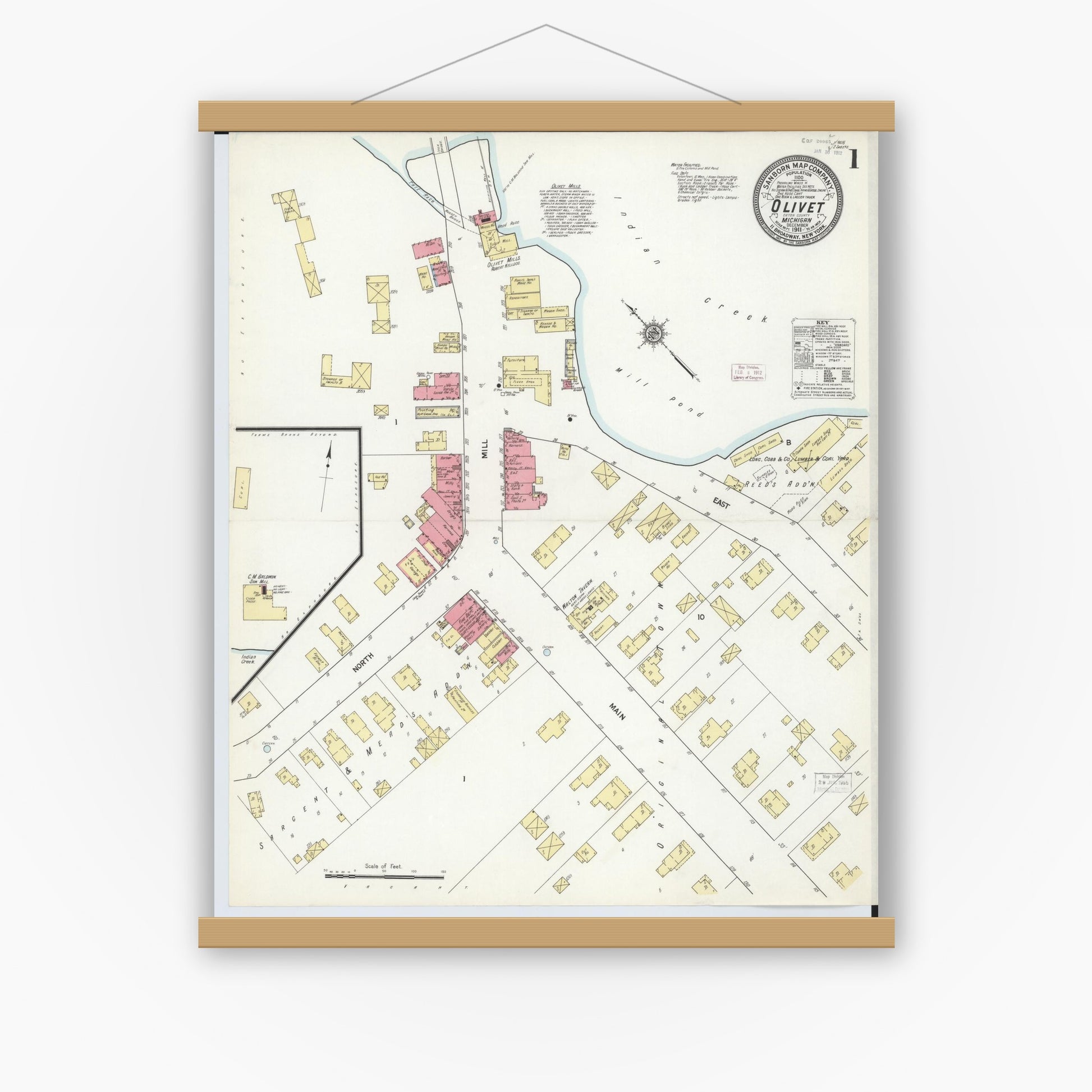 Old map wall art mockup — magnetic wood frame on white wall — Sanborn Fire Insurance Map from Olivet, Eaton County, Michigan (1911) - Complete Map Set