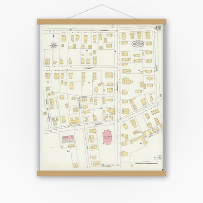 Old map wall art mockup — magnetic wood frame on white wall — Sanborn Fire Insurance Map from Waltham, Middlesex County, Massachusetts (1897), Sheet #0012