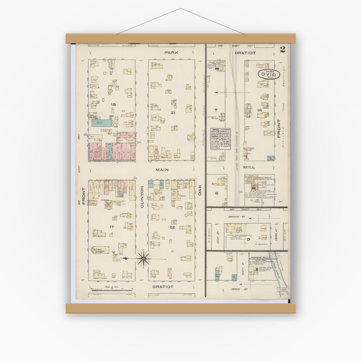 Old map wall art mockup — magnetic wood frame on white wall — Sanborn Fire Insurance Map from Ovid, Clinton County, Michigan (1884), Sheet #0002