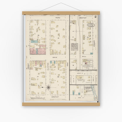 Old map wall art mockup — magnetic wood frame on white wall — Sanborn Fire Insurance Map from Ovid, Clinton County, Michigan (1884), Sheet #0002