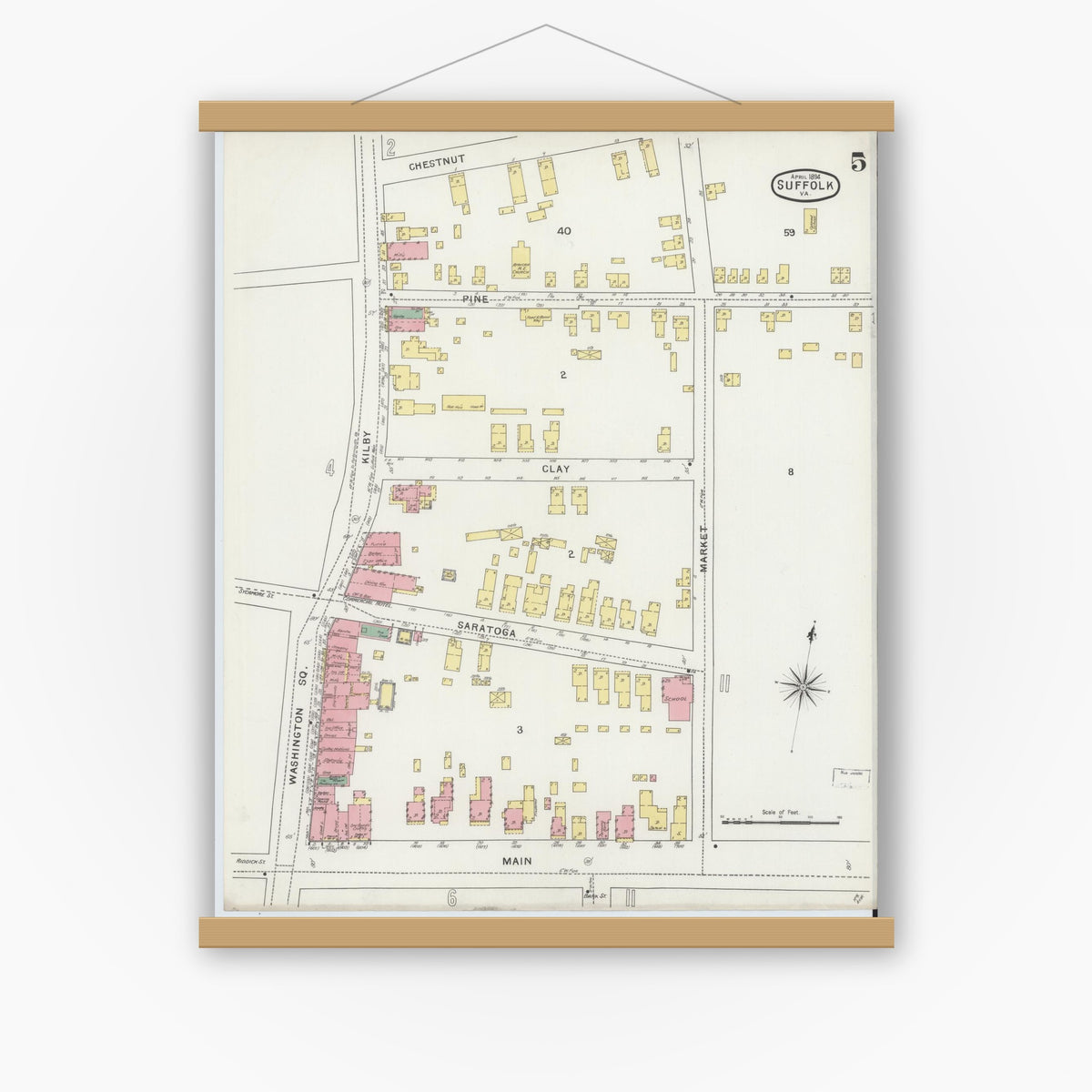 Old map wall art mockup — magnetic wood frame on white wall — Sanborn Fire Insurance Map from Suffolk, Independent Cities, Virginia (1894), Sheet #0005