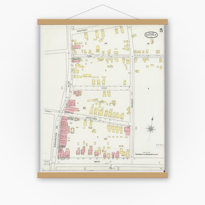 Old map wall art mockup — magnetic wood frame on white wall — Sanborn Fire Insurance Map from Suffolk, Independent Cities, Virginia (1894), Sheet #0005