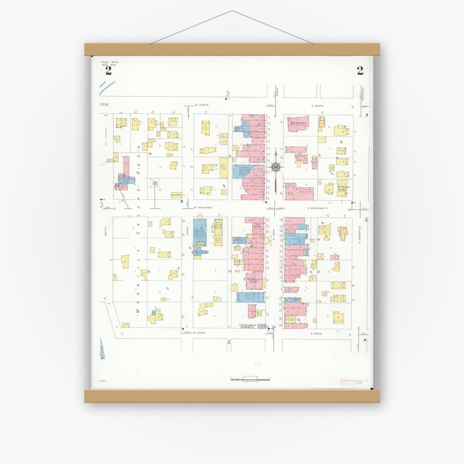 Old map wall art mockup — magnetic wood frame on white wall — Sanborn Fire Insurance Map from Yale, Saint Clair County, Michigan (1937), Sheet #0002