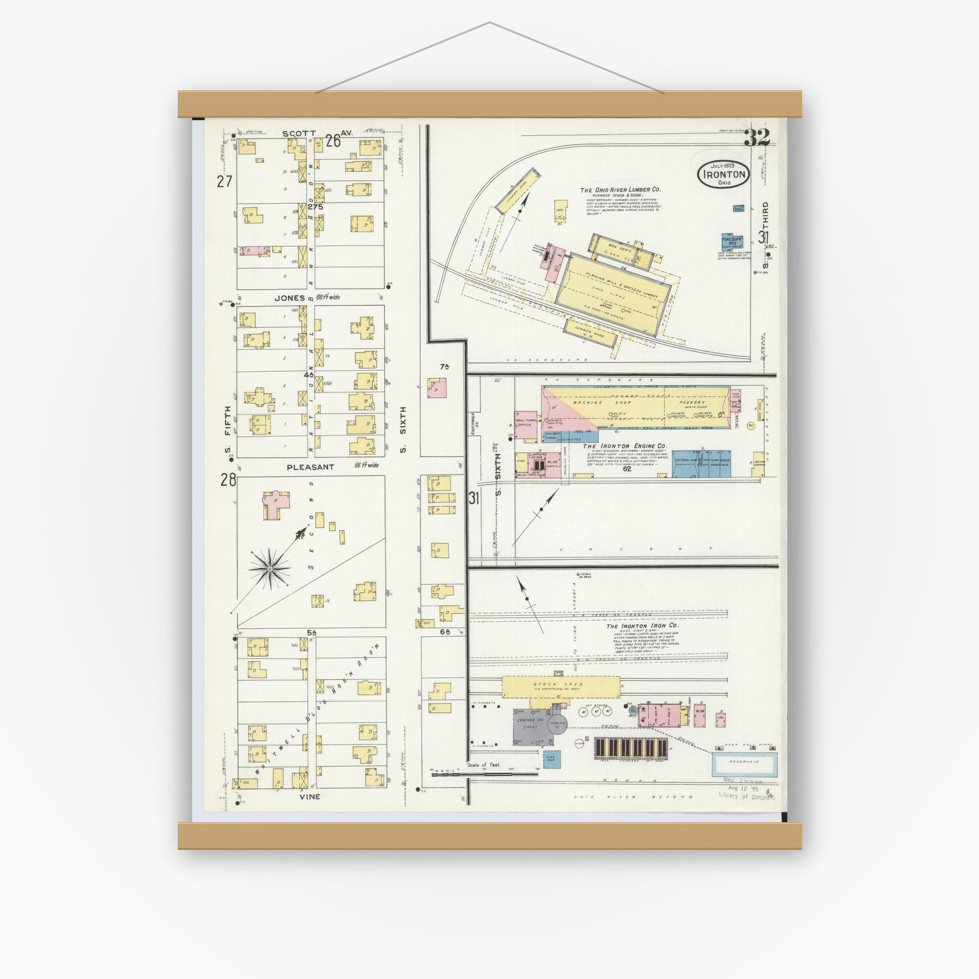 Old map wall art mockup — magnetic wood frame on white wall — Sanborn Fire Insurance Map from Ironton, Lawrence County, Ohio (1909), Sheet #0032