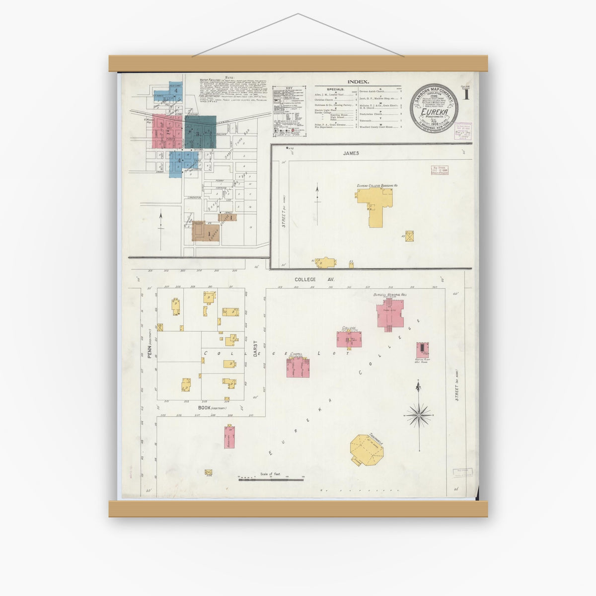 Old map wall art mockup — magnetic wood frame on white wall — Sanborn Fire Insurance Map from Eureka, Woodford County, Illinois (1906) - Complete Map Set