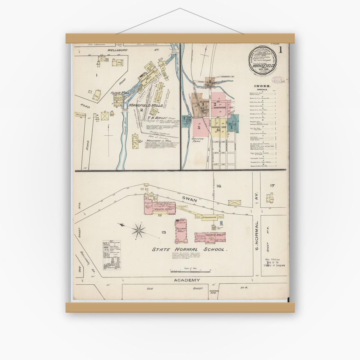 Old map wall art mockup — magnetic wood frame on white wall — Sanborn Fire Insurance Map from Mansfield, Tioga County, Pennsylvania (1885), Sheet #0001