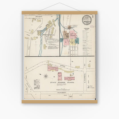 Old map wall art mockup — magnetic wood frame on white wall — Sanborn Fire Insurance Map from Mansfield, Tioga County, Pennsylvania (1885), Sheet #0001