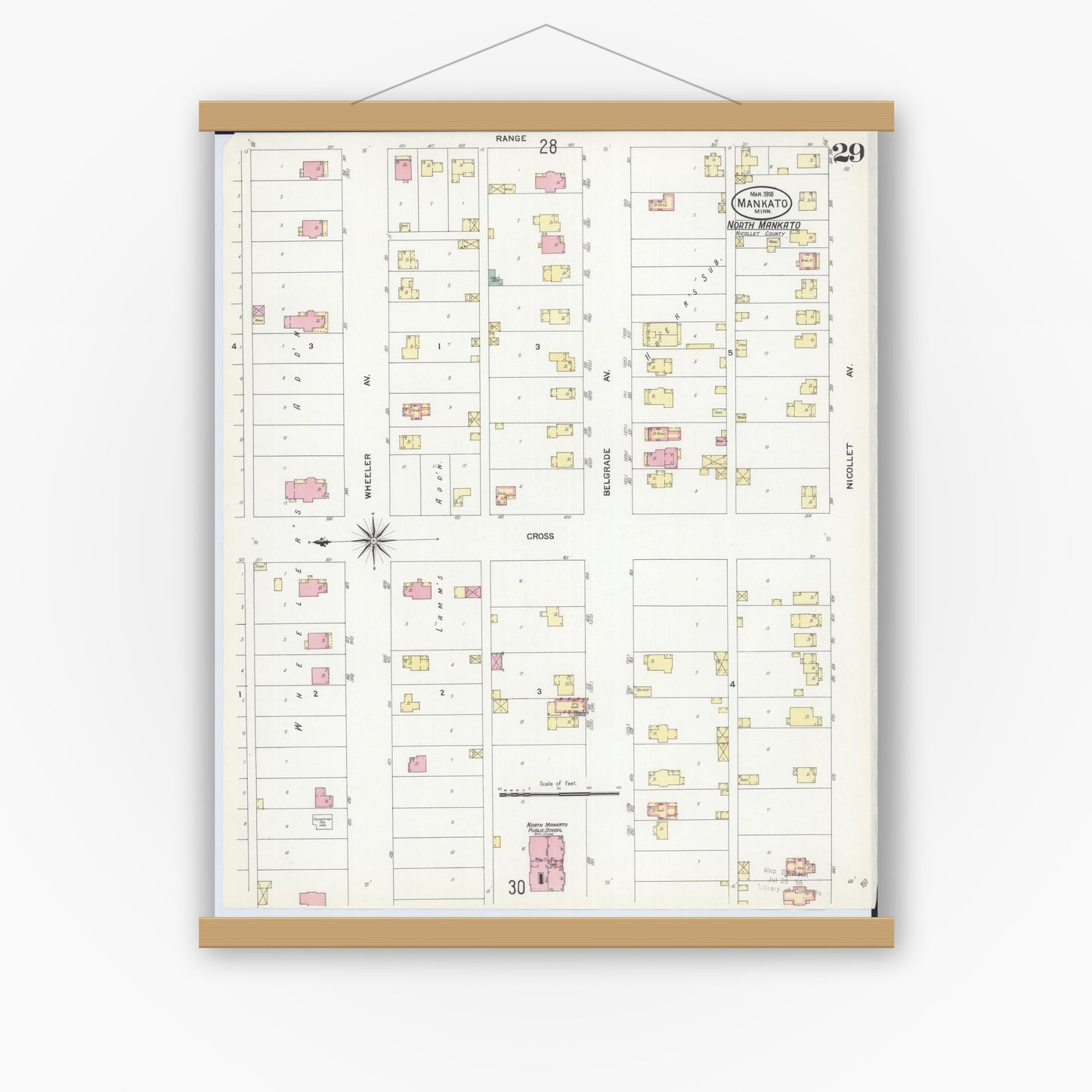 Old map wall art mockup — magnetic wood frame on white wall — Sanborn Fire Insurance Map from Mankato, Blue Earth County, Minnesota (1908), Sheet #0029