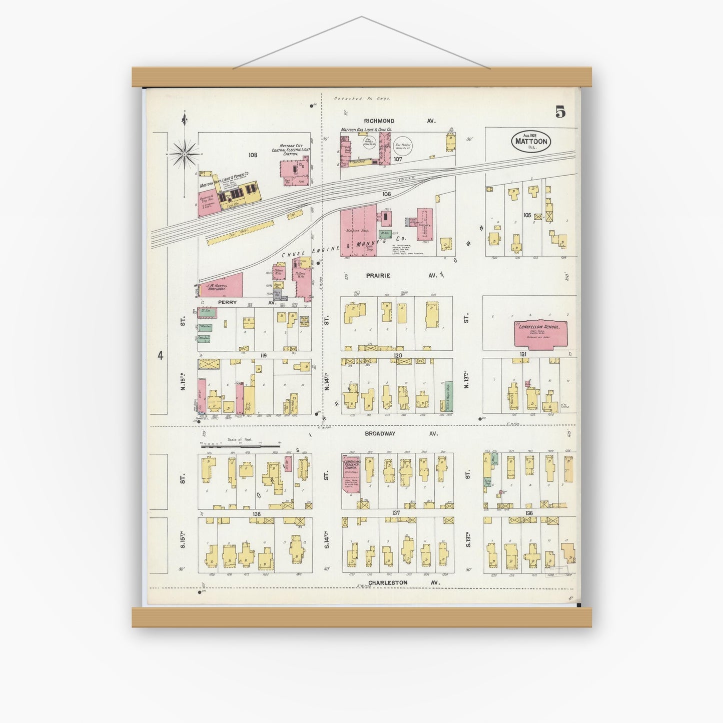 Old map wall art mockup — magnetic wood frame on white wall — Sanborn Fire Insurance Map from Mattoon, Coles County, Illinois (1902), Sheet #0005