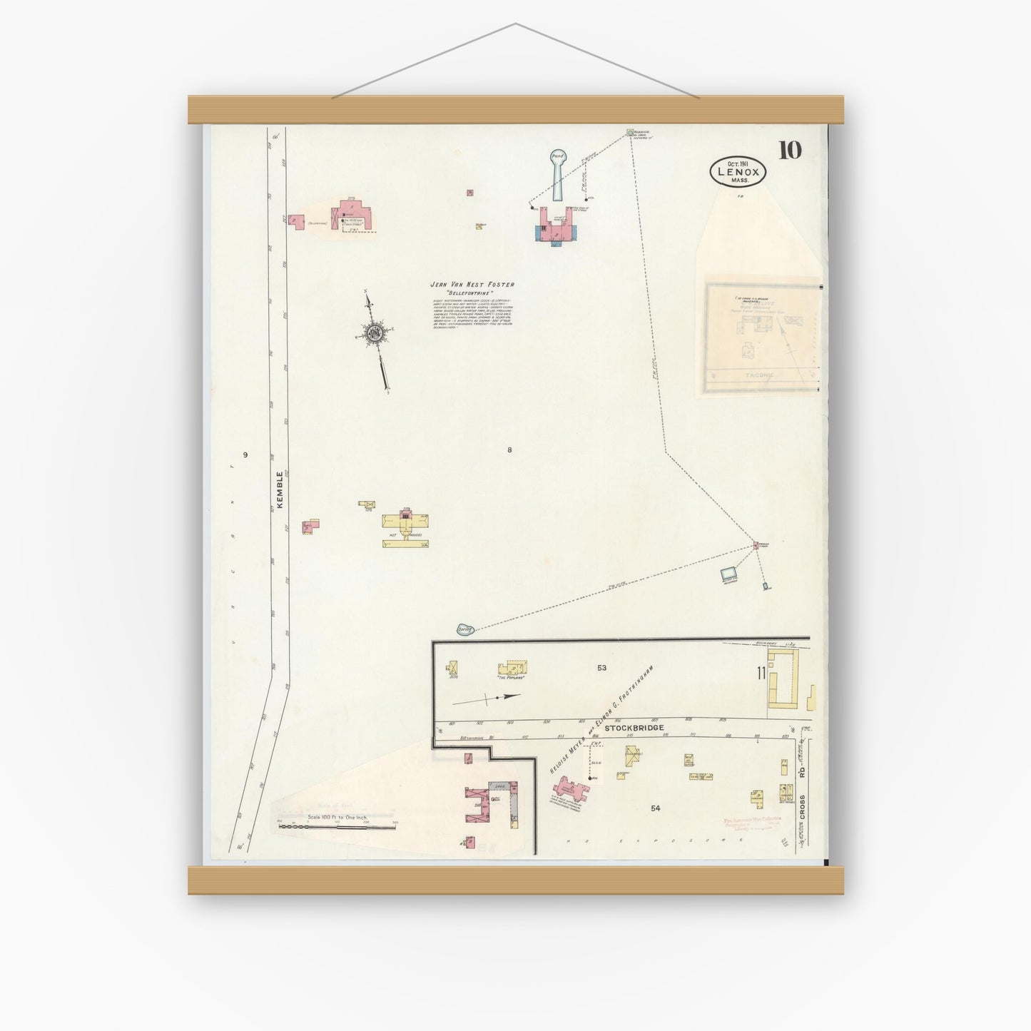 Old map wall art mockup — magnetic wood frame on white wall — Sanborn Fire Insurance Map from Lenox, Berkshire County, Massachusetts (1939), Sheet #0010