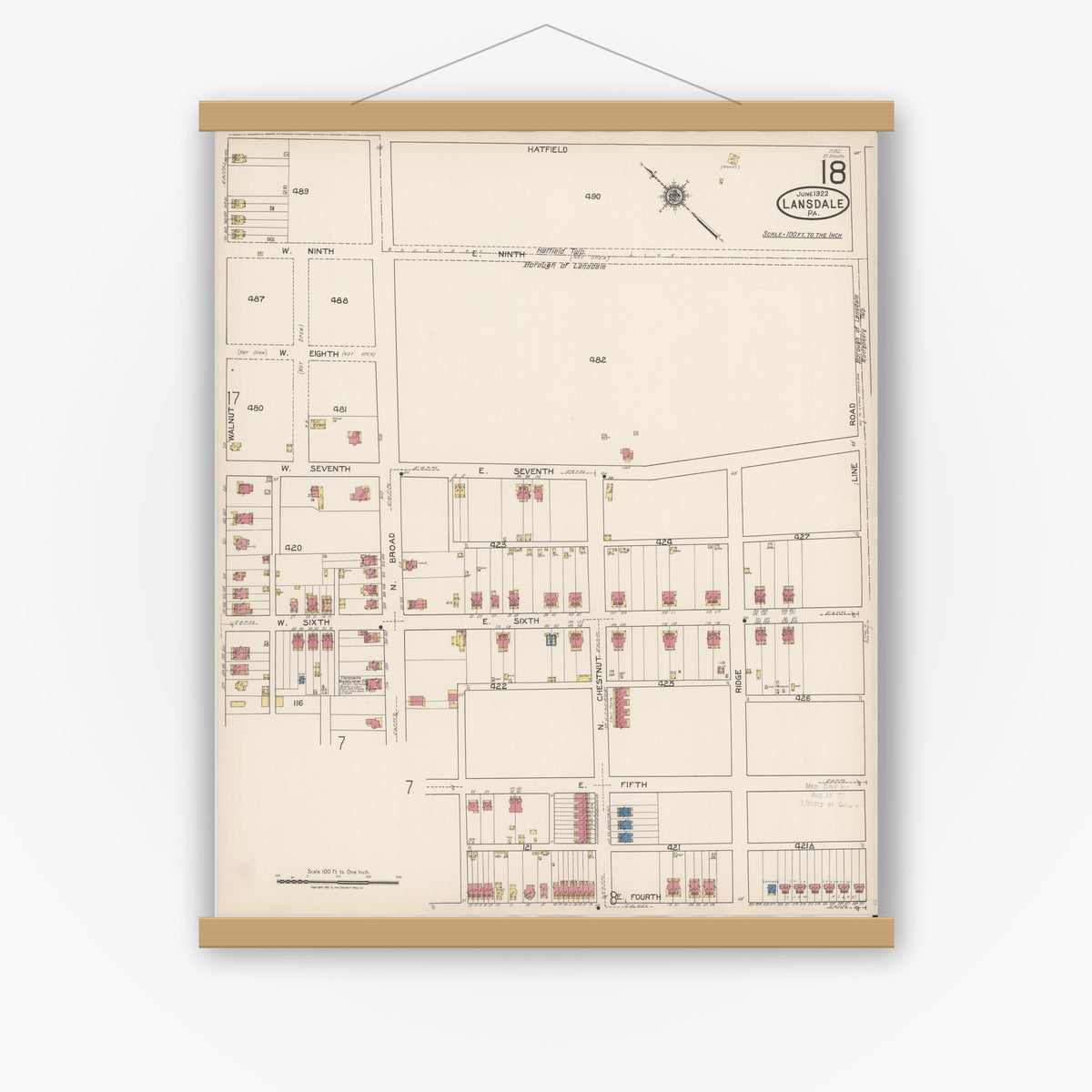 Old map wall art mockup — magnetic wood frame on white wall — Sanborn Fire Insurance Map from Lansdale, Montgomery County, Pennsylvania (1922), Sheet #0018
