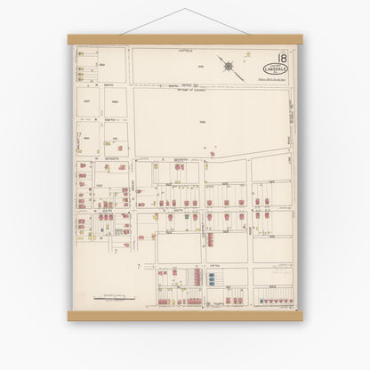 Old map wall art mockup — magnetic wood frame on white wall — Sanborn Fire Insurance Map from Lansdale, Montgomery County, Pennsylvania (1922), Sheet #0018