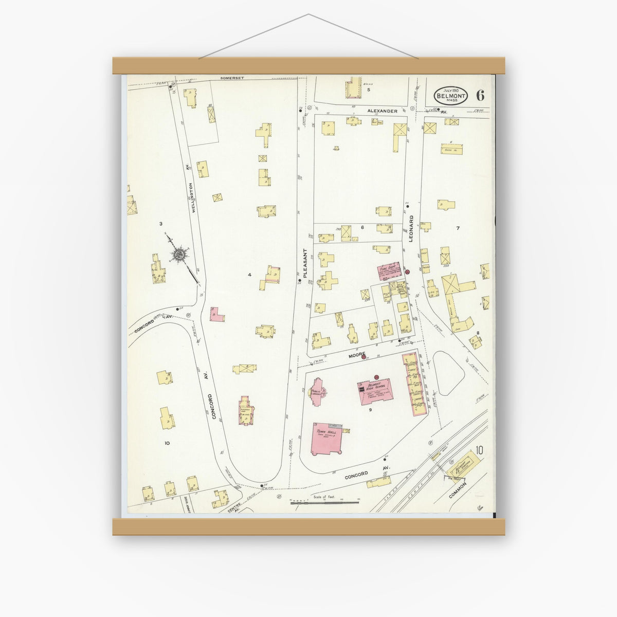 Old map wall art mockup — magnetic wood frame on white wall — Sanborn Fire Insurance Map from Belmont, Middlesex County, Massachusetts (1910), Sheet #0006