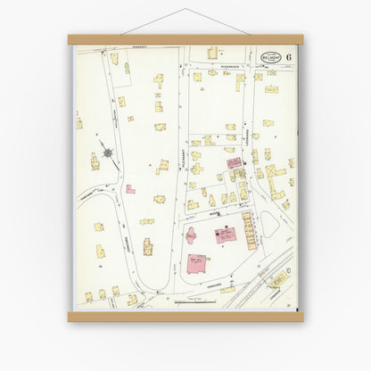 Old map wall art mockup — magnetic wood frame on white wall — Sanborn Fire Insurance Map from Belmont, Middlesex County, Massachusetts (1910), Sheet #0006