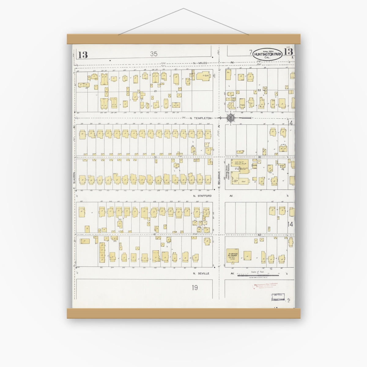 Old map wall art mockup — magnetic wood frame on white wall — Sanborn Fire Insurance Map from Huntington Park, Los Angeles County, California (1924), Sheet #0013