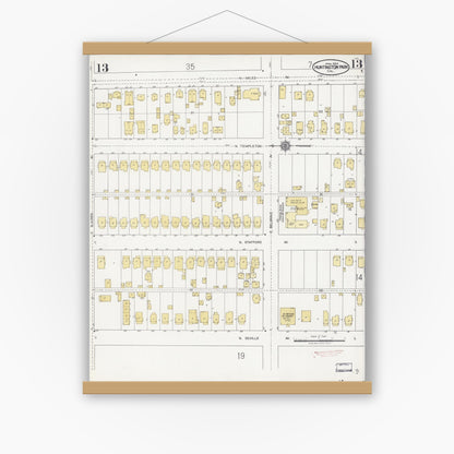Old map wall art mockup — magnetic wood frame on white wall — Sanborn Fire Insurance Map from Huntington Park, Los Angeles County, California (1924), Sheet #0013