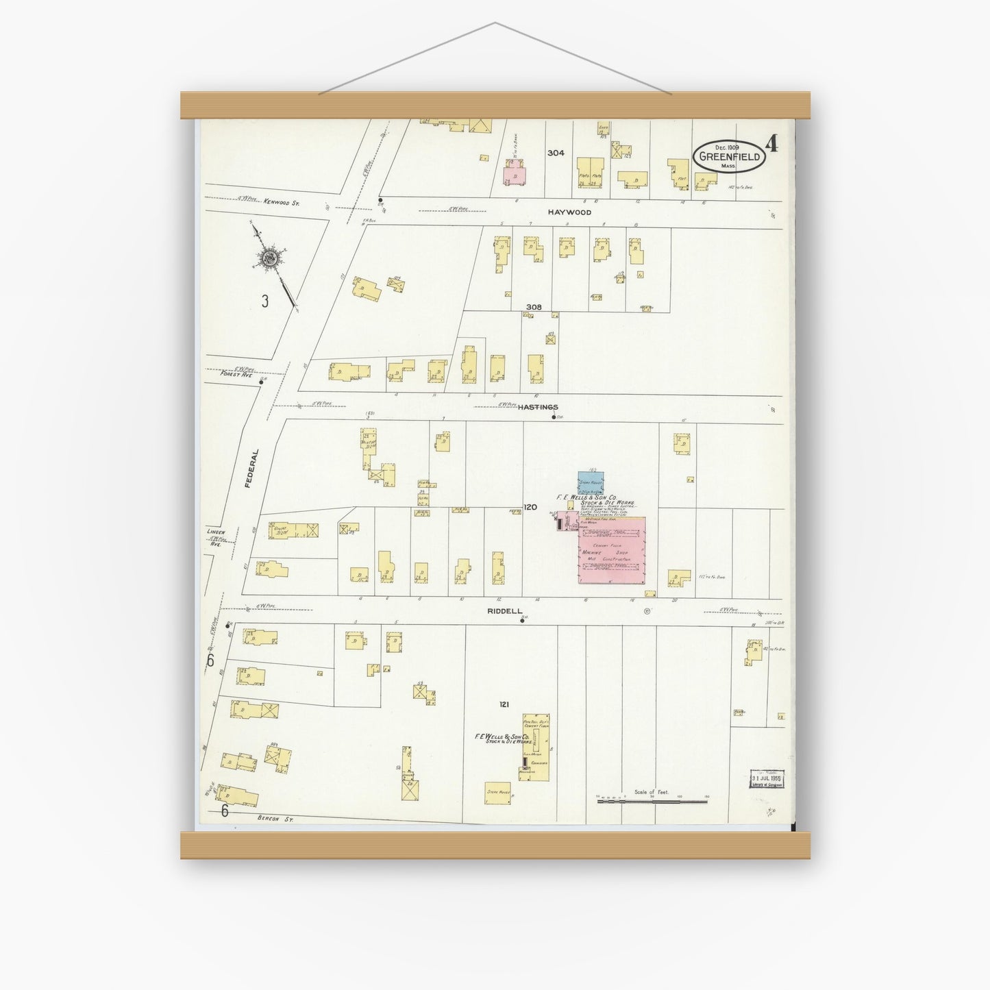 Old map wall art mockup — magnetic wood frame on white wall — Sanborn Fire Insurance Map from Greenfield, Franklin County, Massachusetts (1909), Sheet #0004