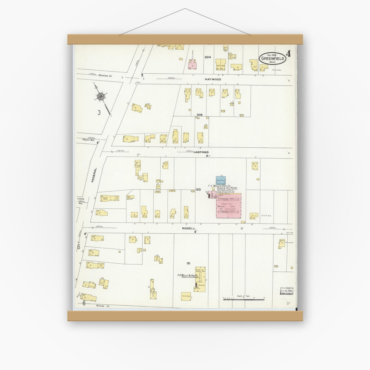 Old map wall art mockup — magnetic wood frame on white wall — Sanborn Fire Insurance Map from Greenfield, Franklin County, Massachusetts (1909), Sheet #0004