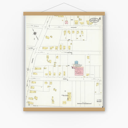 Old map wall art mockup — magnetic wood frame on white wall — Sanborn Fire Insurance Map from Greenfield, Franklin County, Massachusetts (1909), Sheet #0004