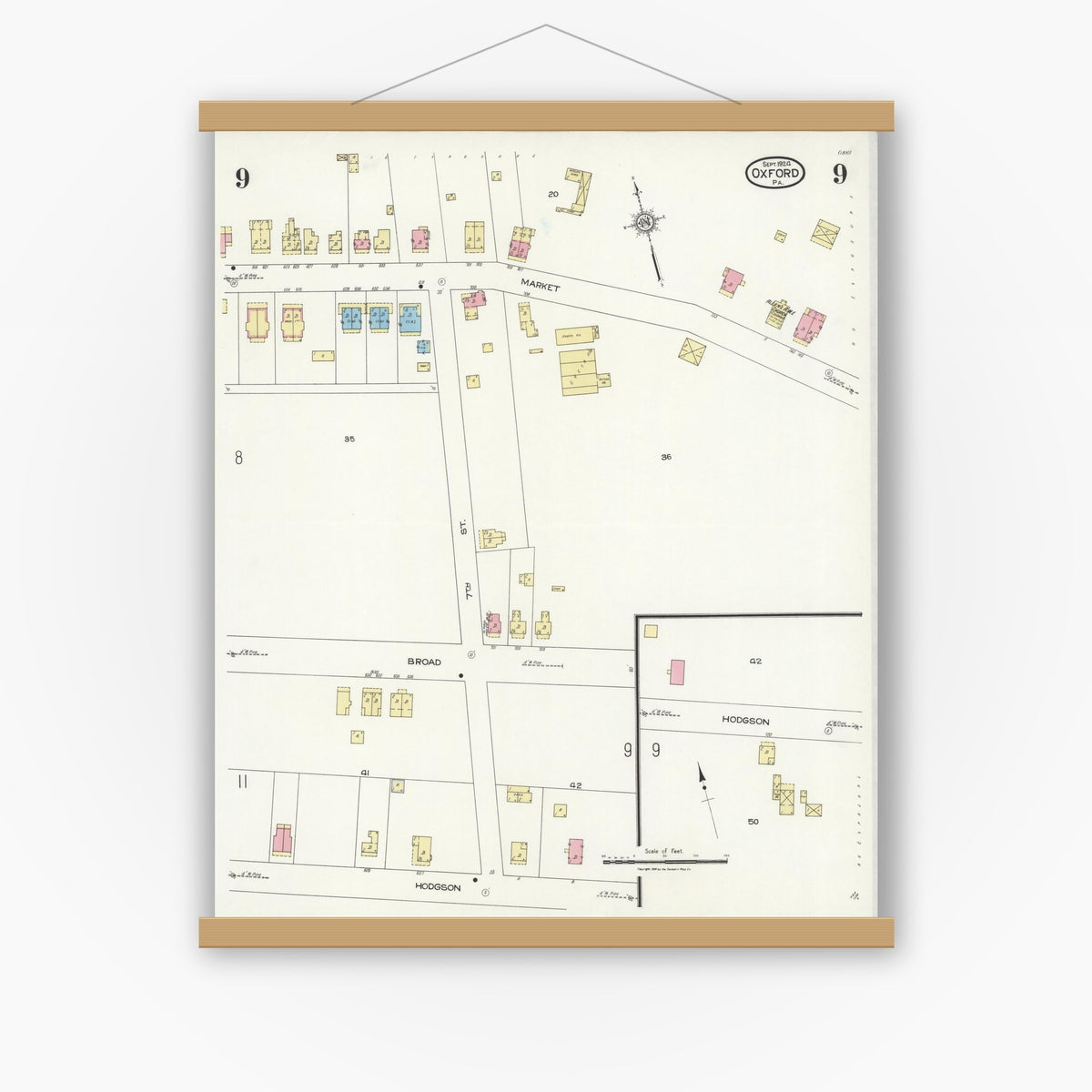Old map wall art mockup — magnetic wood frame on white wall — Sanborn Fire Insurance Map from Oxford, Chester County, Pennsylvania (1924), Sheet #0009