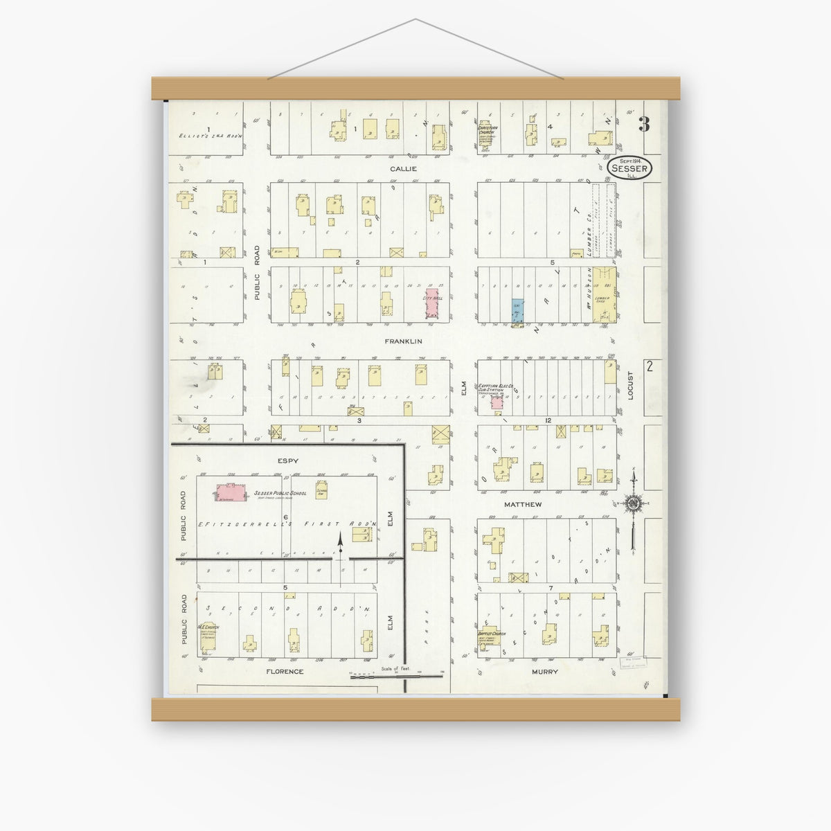 Old map wall art mockup — magnetic wood frame on white wall — Sanborn Fire Insurance Map from Sesser, Franklin County, Illinois (1914), Sheet #0003