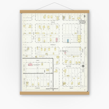 Old map wall art mockup — magnetic wood frame on white wall — Sanborn Fire Insurance Map from Sesser, Franklin County, Illinois (1914), Sheet #0003