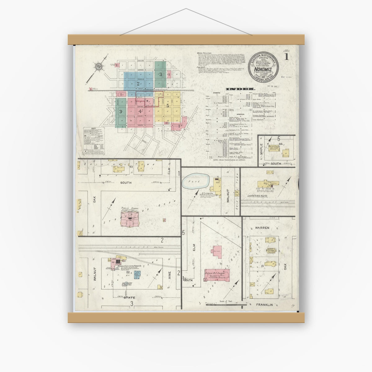 Old map wall art mockup — magnetic wood frame on white wall — Sanborn Fire Insurance Map from Nokomis, Montgomery County, Illinois (1912) - Complete Map Set