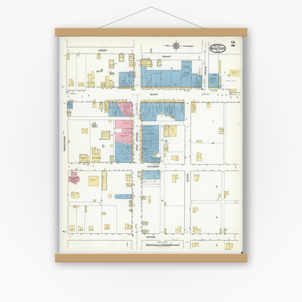 Old map wall art mockup — magnetic wood frame on white wall — Sanborn Fire Insurance Map from Winters, Runnels County, Texas (1917), Sheet #0002