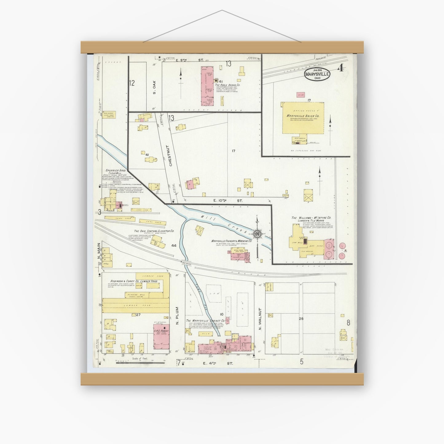 Old map wall art mockup — magnetic wood frame on white wall — Sanborn Fire Insurance Map from Marysville, Union County, Ohio (1916), Sheet #0004