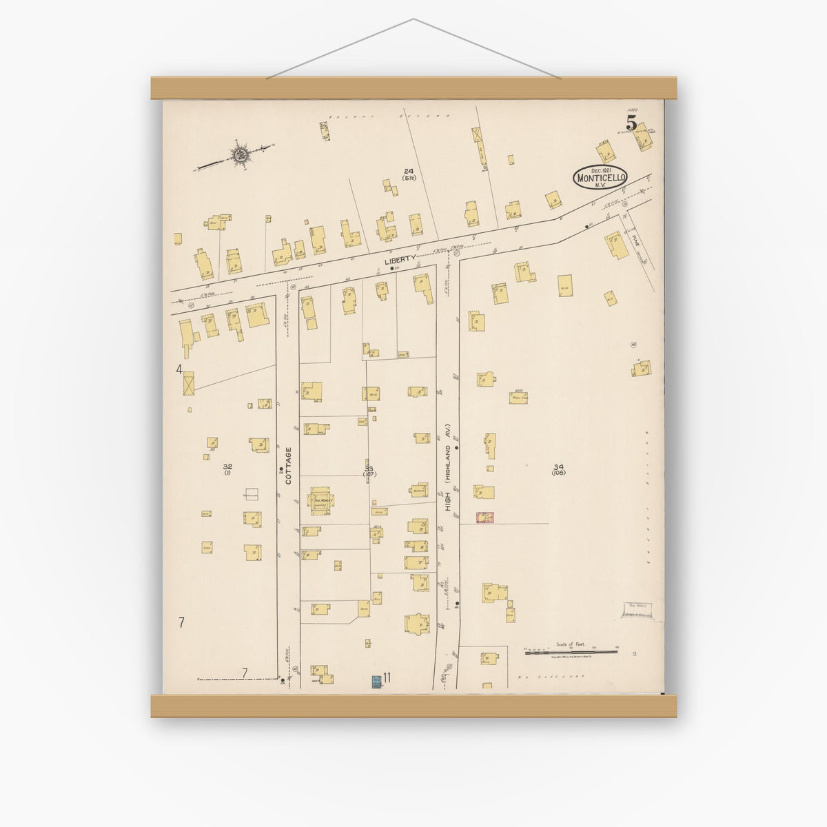 Old map wall art mockup — magnetic wood frame on white wall — Sanborn Fire Insurance Map from Monticello, Sullivan County, New York (1921), Sheet #0005