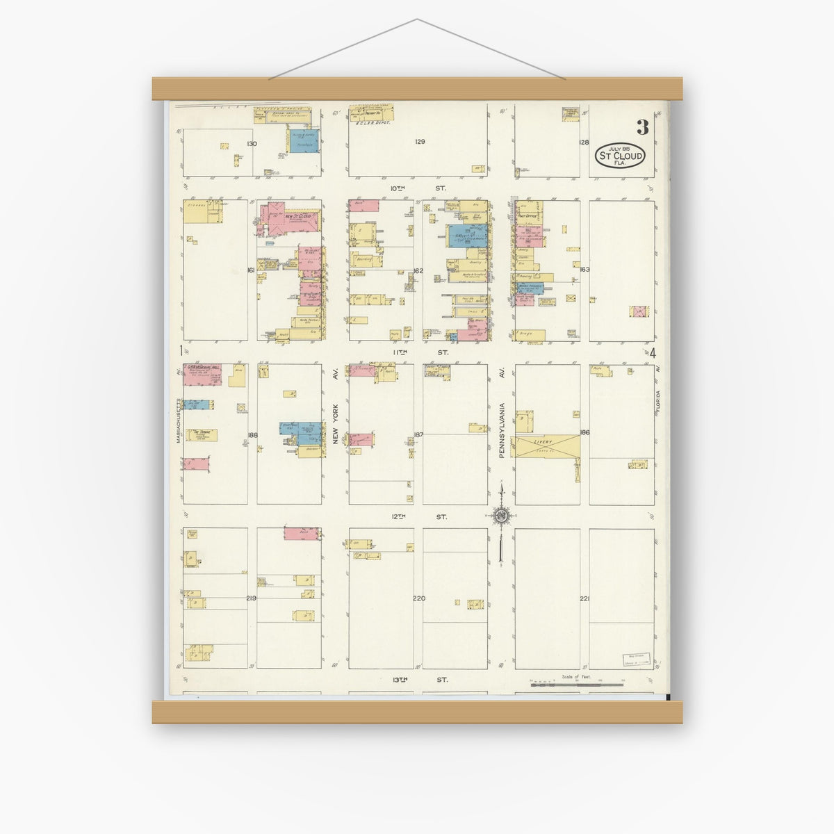 Old map wall art mockup — magnetic wood frame on white wall — Sanborn Fire Insurance Map from Saint Cloud, Osceola County, Florida (1915), Sheet #0003