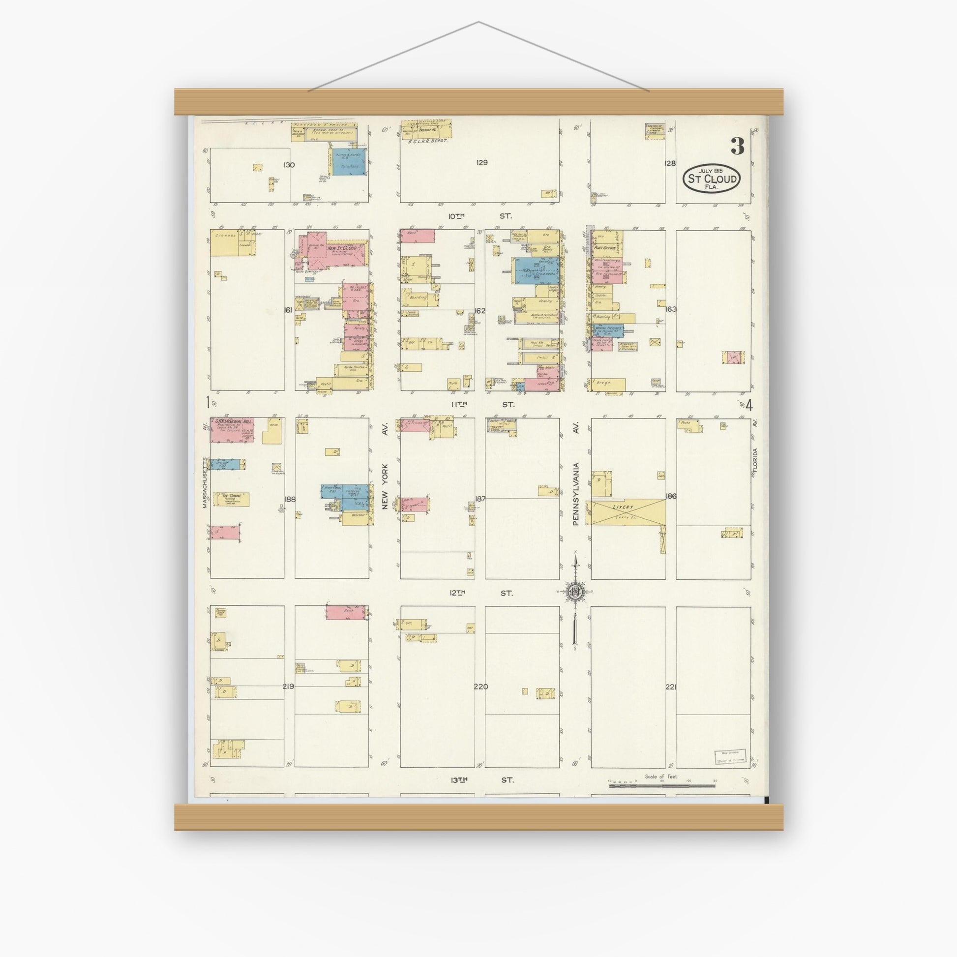 Old map wall art mockup — magnetic wood frame on white wall — Sanborn Fire Insurance Map from Saint Cloud, Osceola County, Florida (1915), Sheet #0003