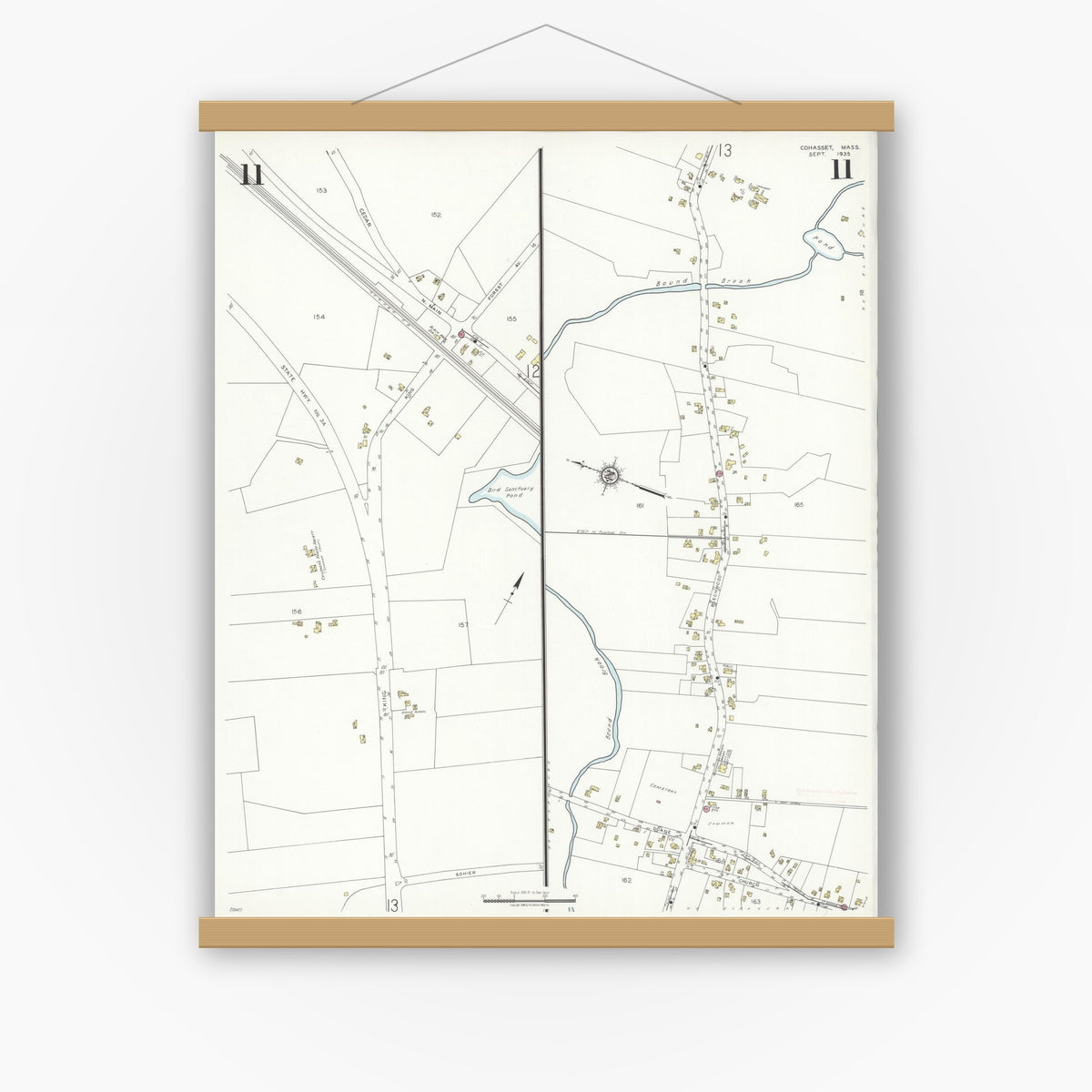 Old map wall art mockup — magnetic wood frame on white wall — Sanborn Fire Insurance Map from Cohasset, Norfolk County, Massachusetts (1935), Sheet #0011