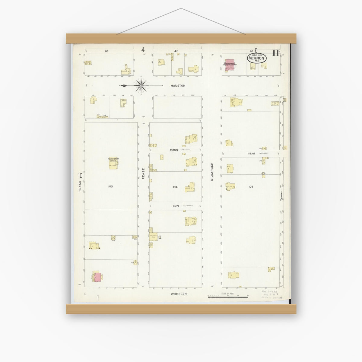 Old map wall art mockup — magnetic wood frame on white wall — Sanborn Fire Insurance Map from Vernon, Wilbarger County, Texas (1907), Sheet #0011