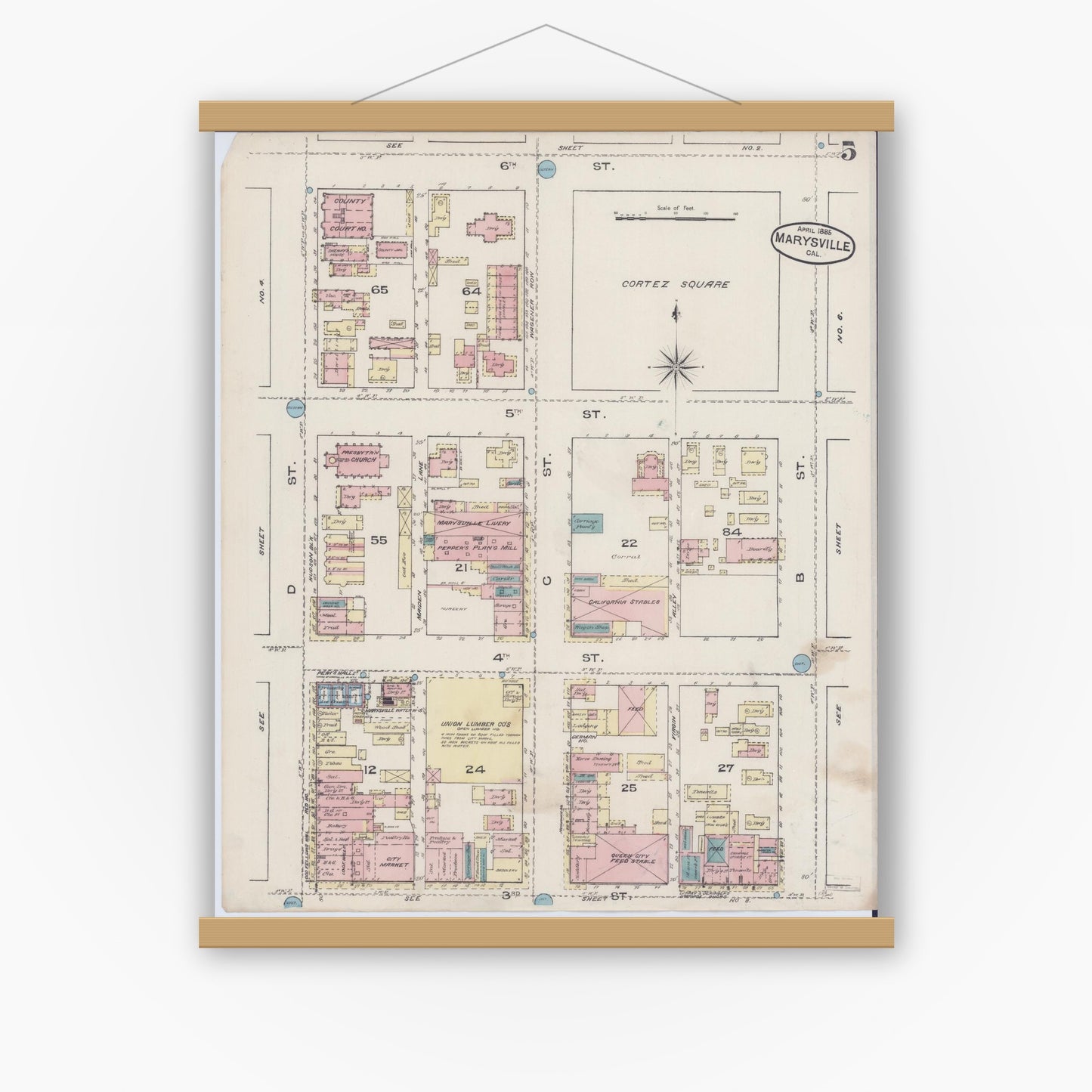Old map wall art mockup — magnetic wood frame on white wall — Sanborn Fire Insurance Map from Marysville, Yuba County, California (1885), Sheet #0005