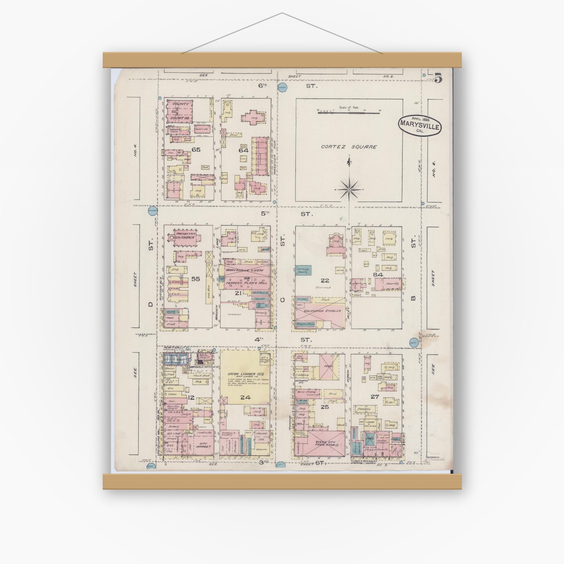 Old map wall art mockup — magnetic wood frame on white wall — Sanborn Fire Insurance Map from Marysville, Yuba County, California (1885), Sheet #0005