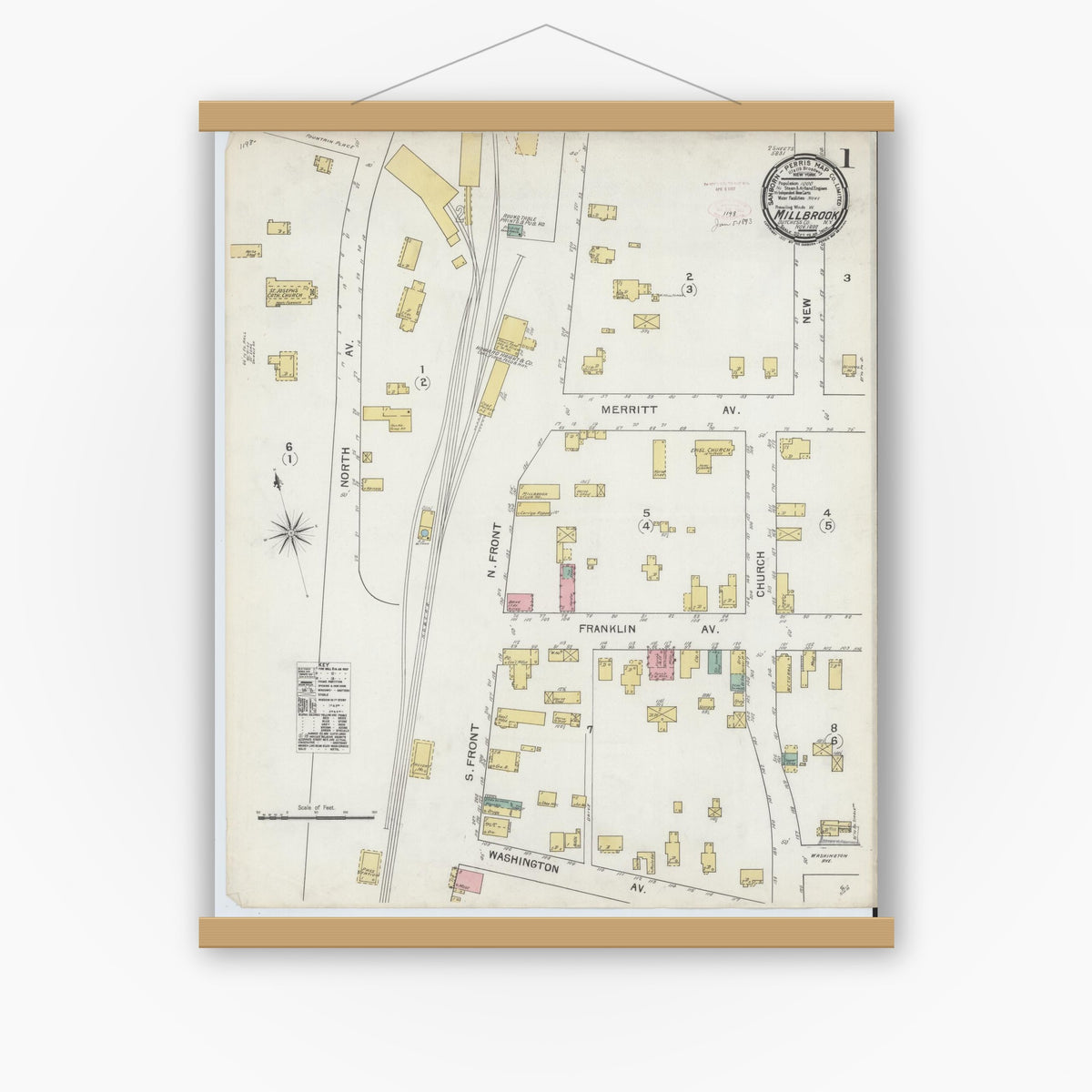Old map wall art mockup — magnetic wood frame on white wall — Sanborn Fire Insurance Map from Millbrook, Dutchess County, New York (1892), Sheet #0001