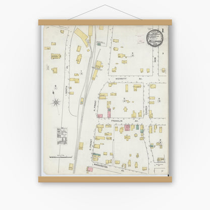 Old map wall art mockup — magnetic wood frame on white wall — Sanborn Fire Insurance Map from Millbrook, Dutchess County, New York (1892), Sheet #0001